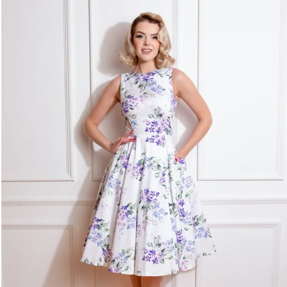 White Purple Floral Print Audrey Rockabilly 50s Swing Dress