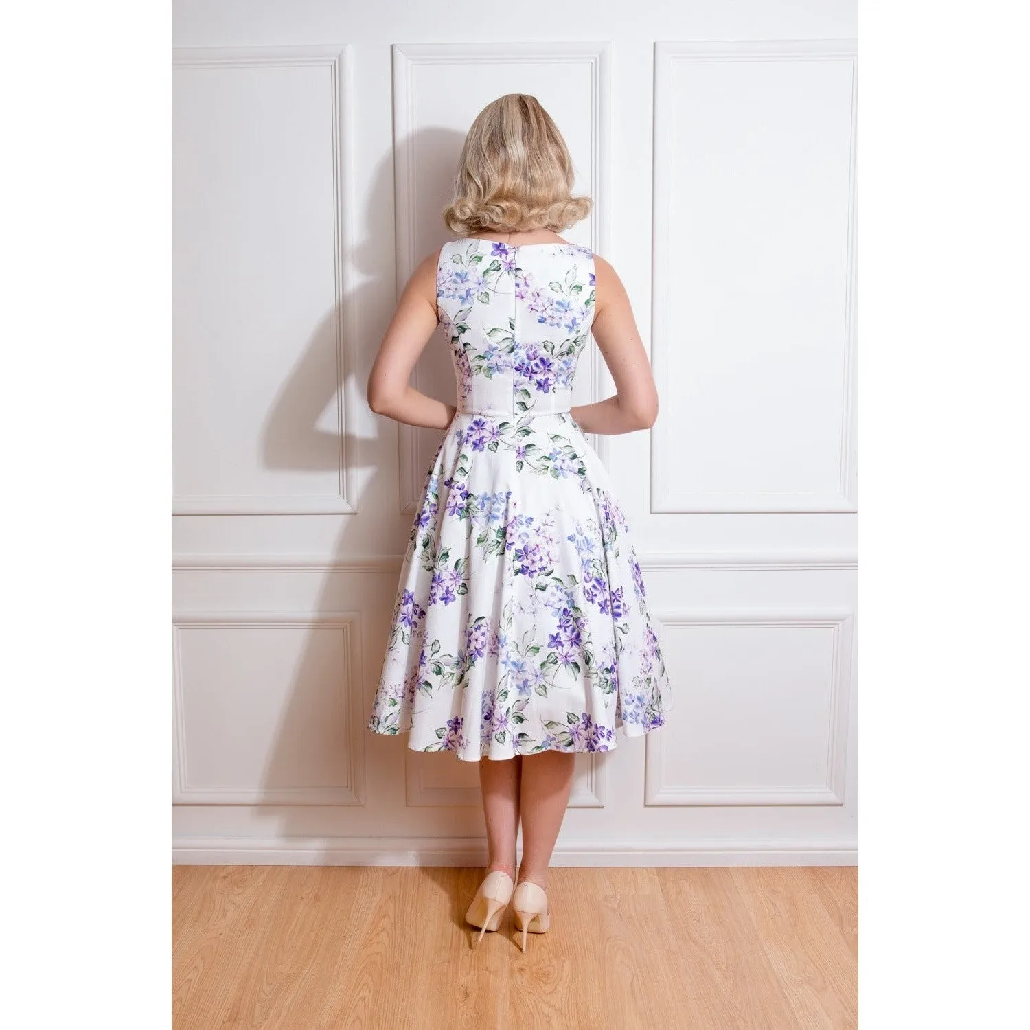 White Purple Floral Print Audrey Rockabilly 50s Swing Dress