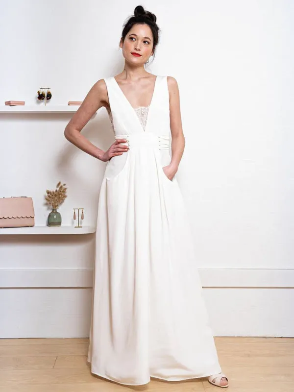 White Simple Wedding Dress Satin Fabric V-Neck Sleeveless Buttons A-Line Long Bridal Dresses