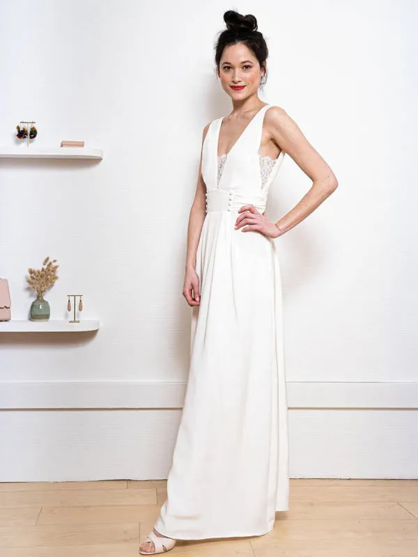 White Simple Wedding Dress Satin Fabric V-Neck Sleeveless Buttons A-Line Long Bridal Dresses