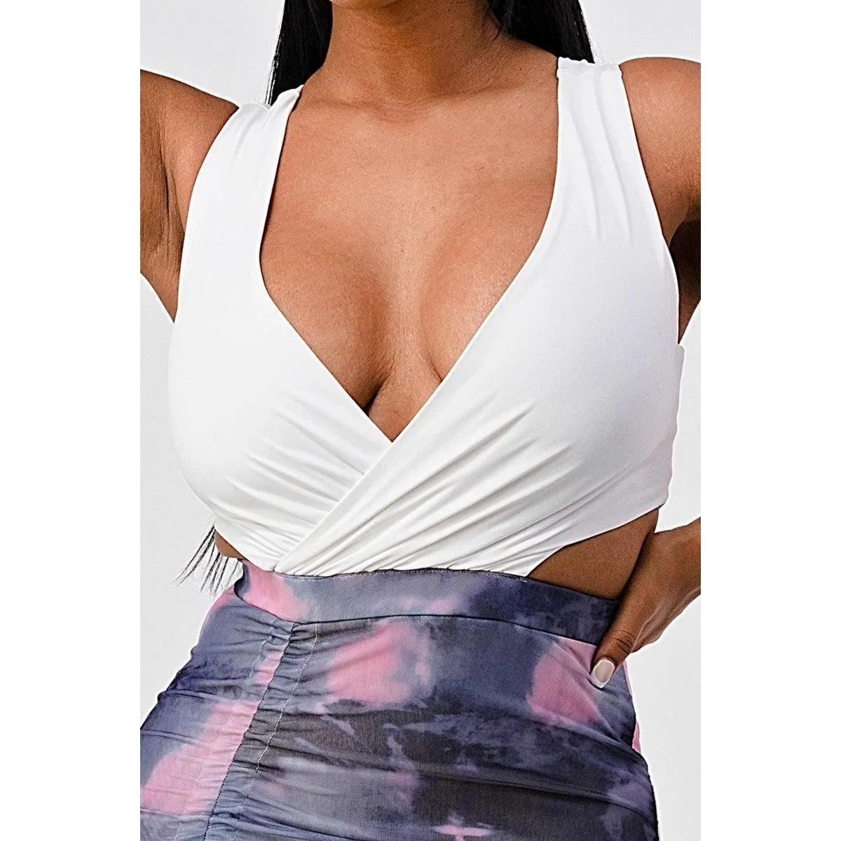 White Sleeveless Top With Detachable Rhinestone Cross Open Back With Bodycon Tie Dye Ruched Mini Dress