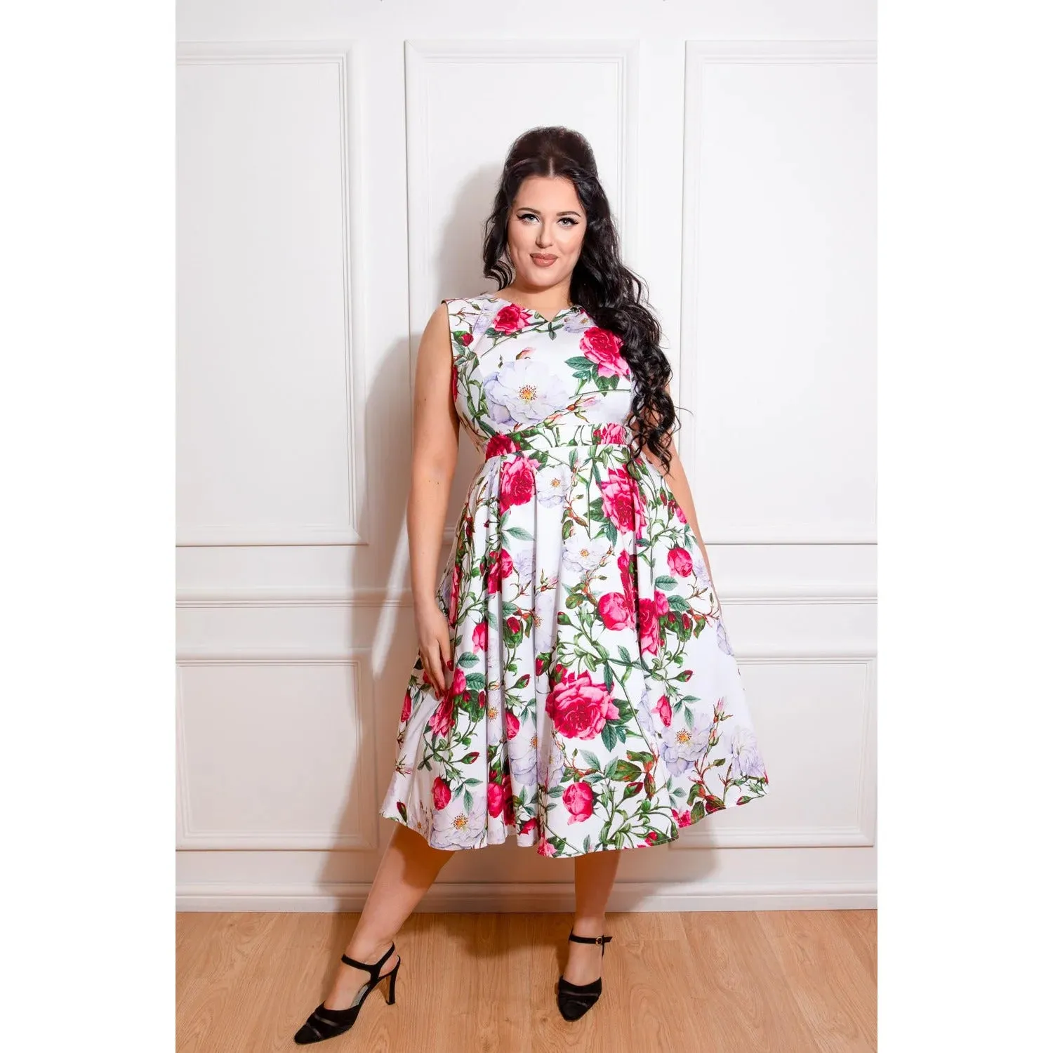 White Vibrant Floral Print V Neck Rockabilly 50s Swing Dress