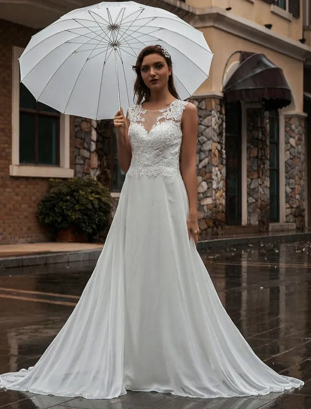 White Wedding Dress Illusion Neckline Sleeveless Applique Chiffon Floor Length Bridal Gowns Train Dress