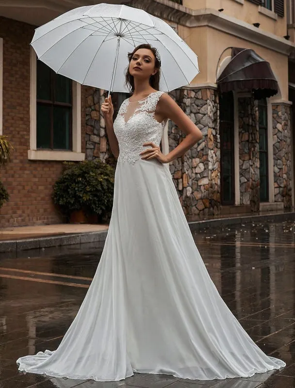 White Wedding Dress Illusion Neckline Sleeveless Applique Chiffon Floor Length Bridal Gowns Train Dress