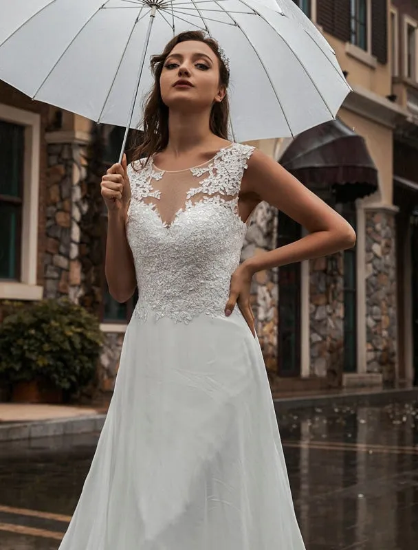 White Wedding Dress Illusion Neckline Sleeveless Applique Chiffon Floor Length Bridal Gowns Train Dress