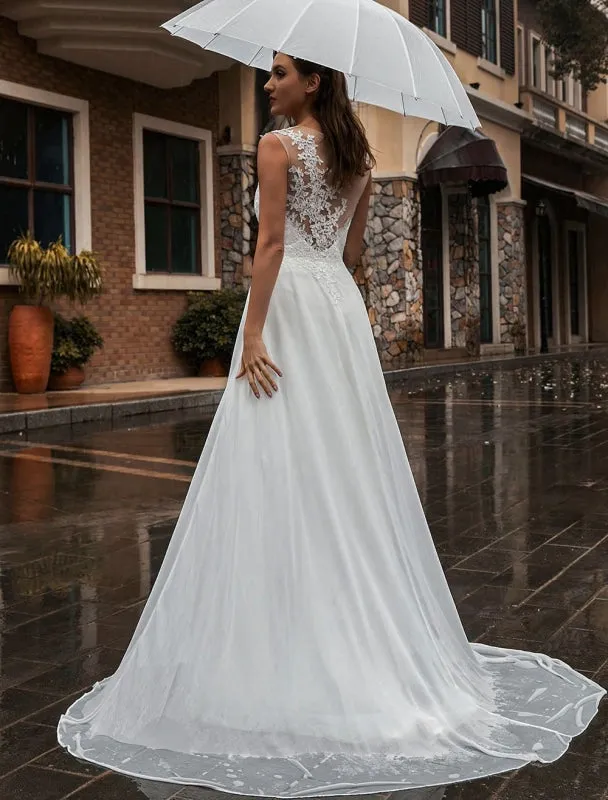 White Wedding Dress Illusion Neckline Sleeveless Applique Chiffon Floor Length Bridal Gowns Train Dress