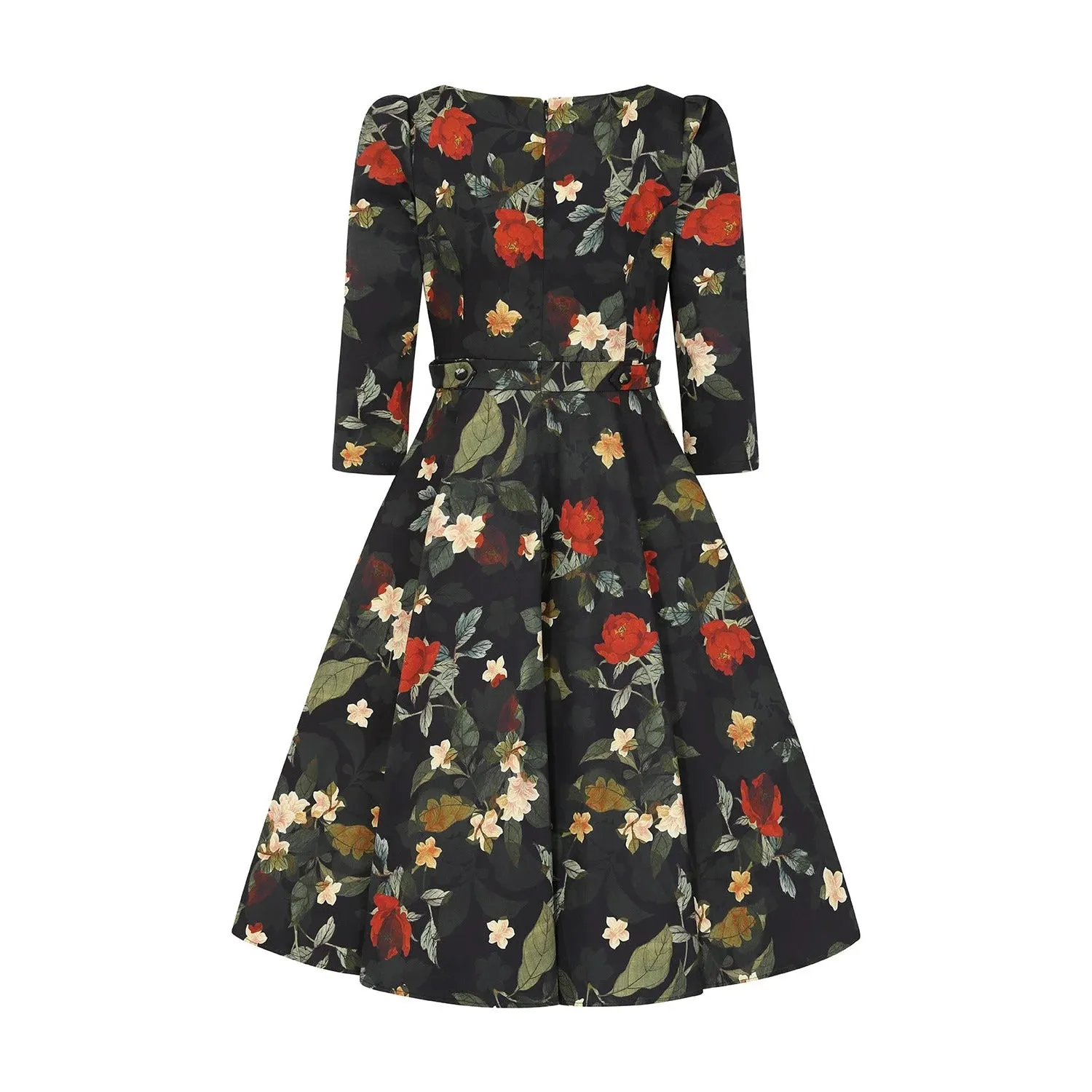 Winter Floral Print 3/4 Sleeve Belted 50s Swing Dress With Pockets