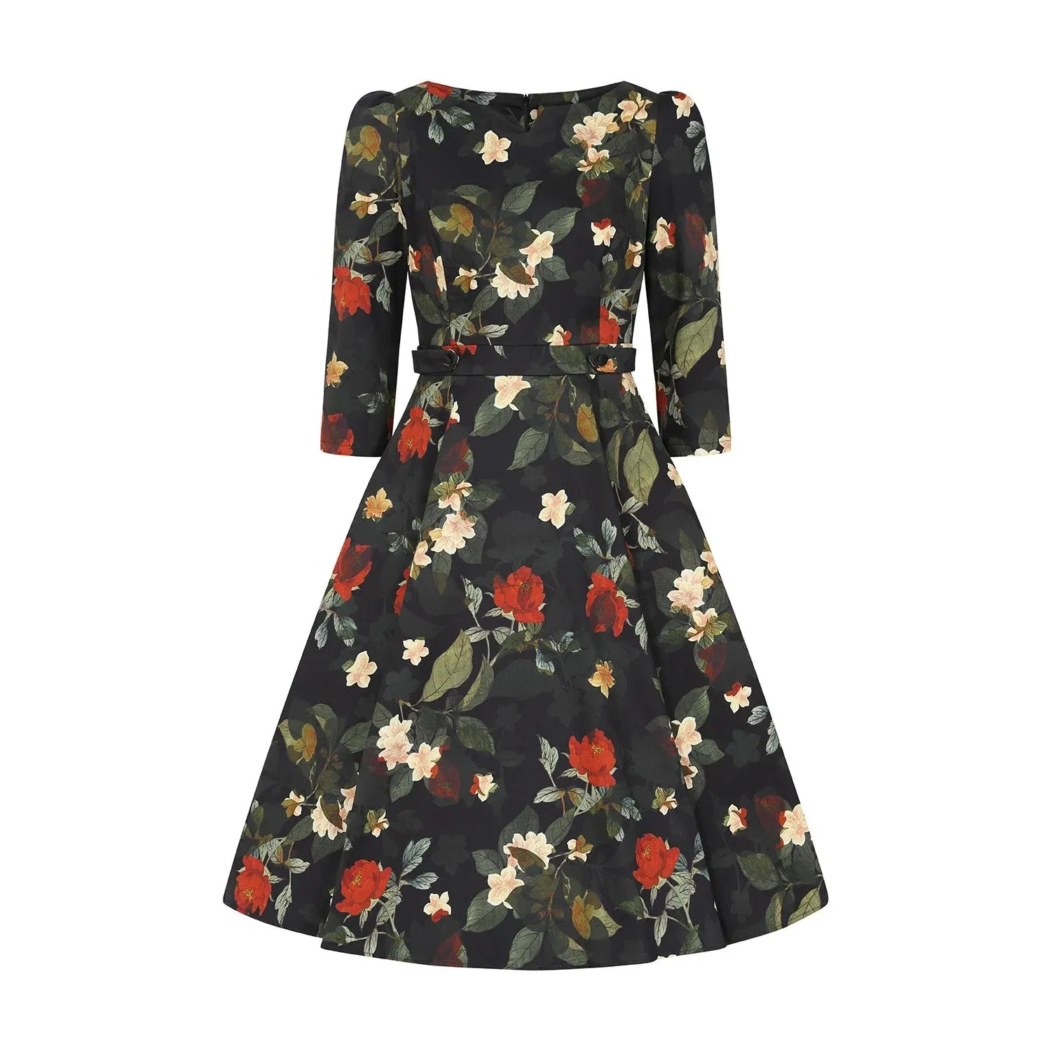 Winter Floral Print 3/4 Sleeve Belted 50s Swing Dress With Pockets