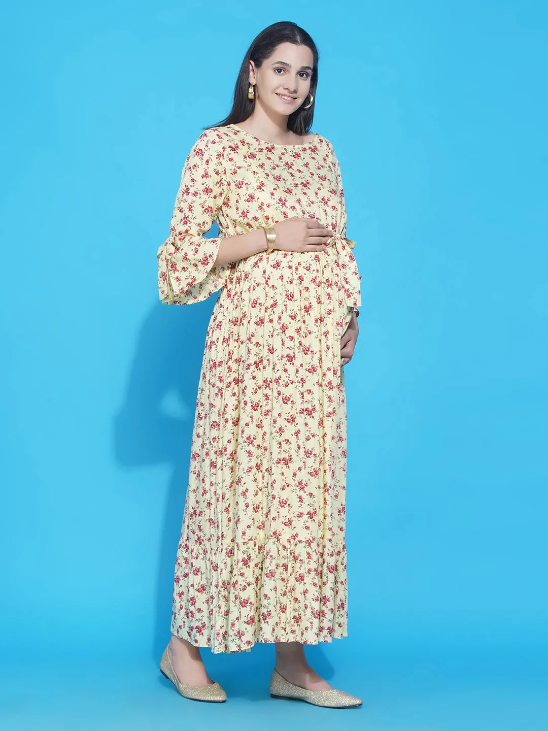 Yellow Floral Maxi Baby Shower Dress