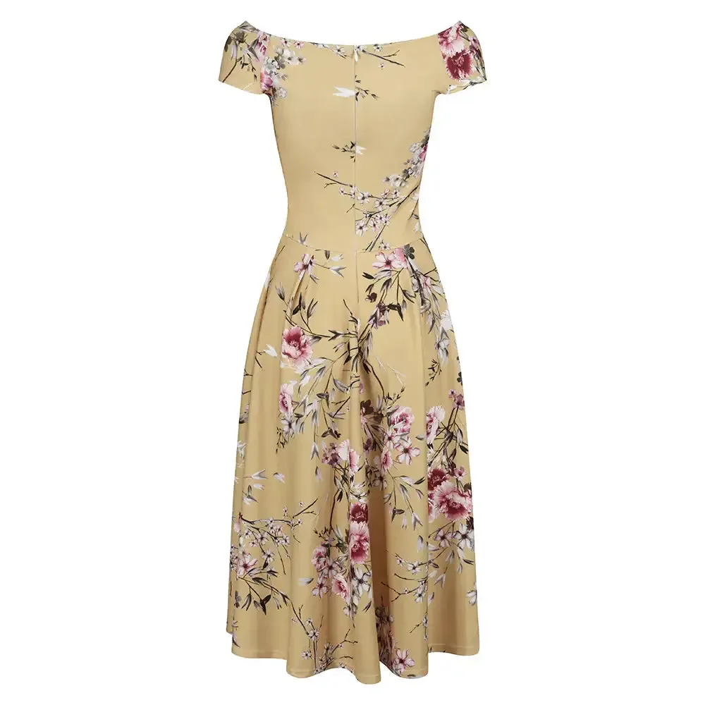 Yellow Floral Print Crossover Bardot 50s Swing Dress