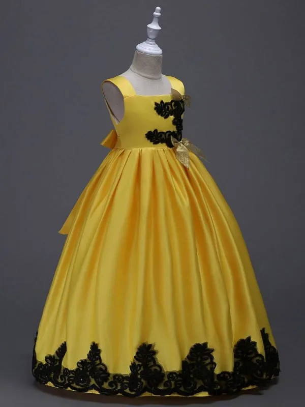 Yellow Princess Flower Girl Dresses Black Lace Applique Kids Pageant Dresses