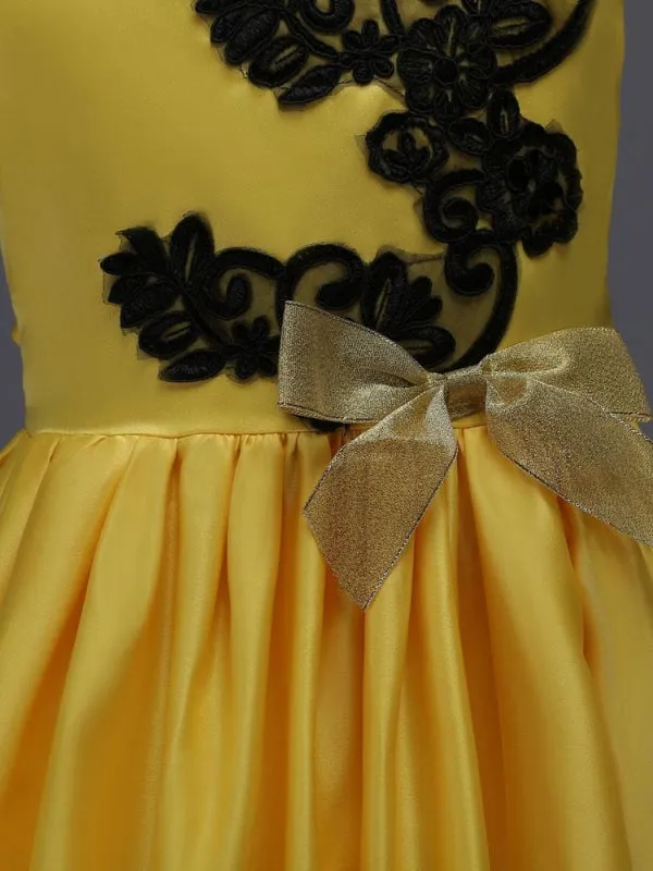 Yellow Princess Flower Girl Dresses Black Lace Applique Kids Pageant Dresses