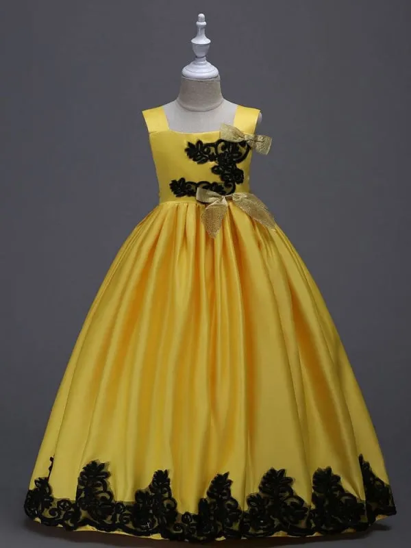 Yellow Princess Flower Girl Dresses Black Lace Applique Kids Pageant Dresses