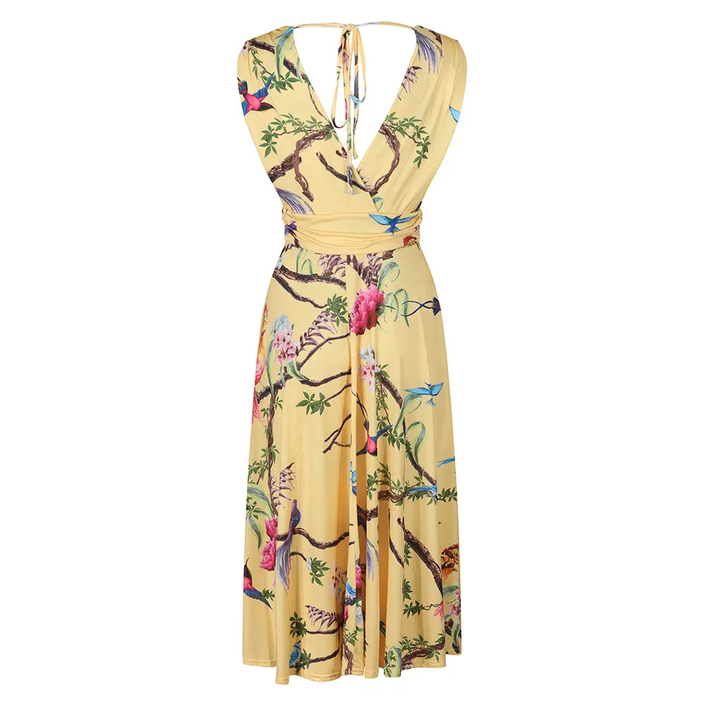 Yellow Tropical Bird Print V Neck Crossover Top Empire Waist Swing Dress