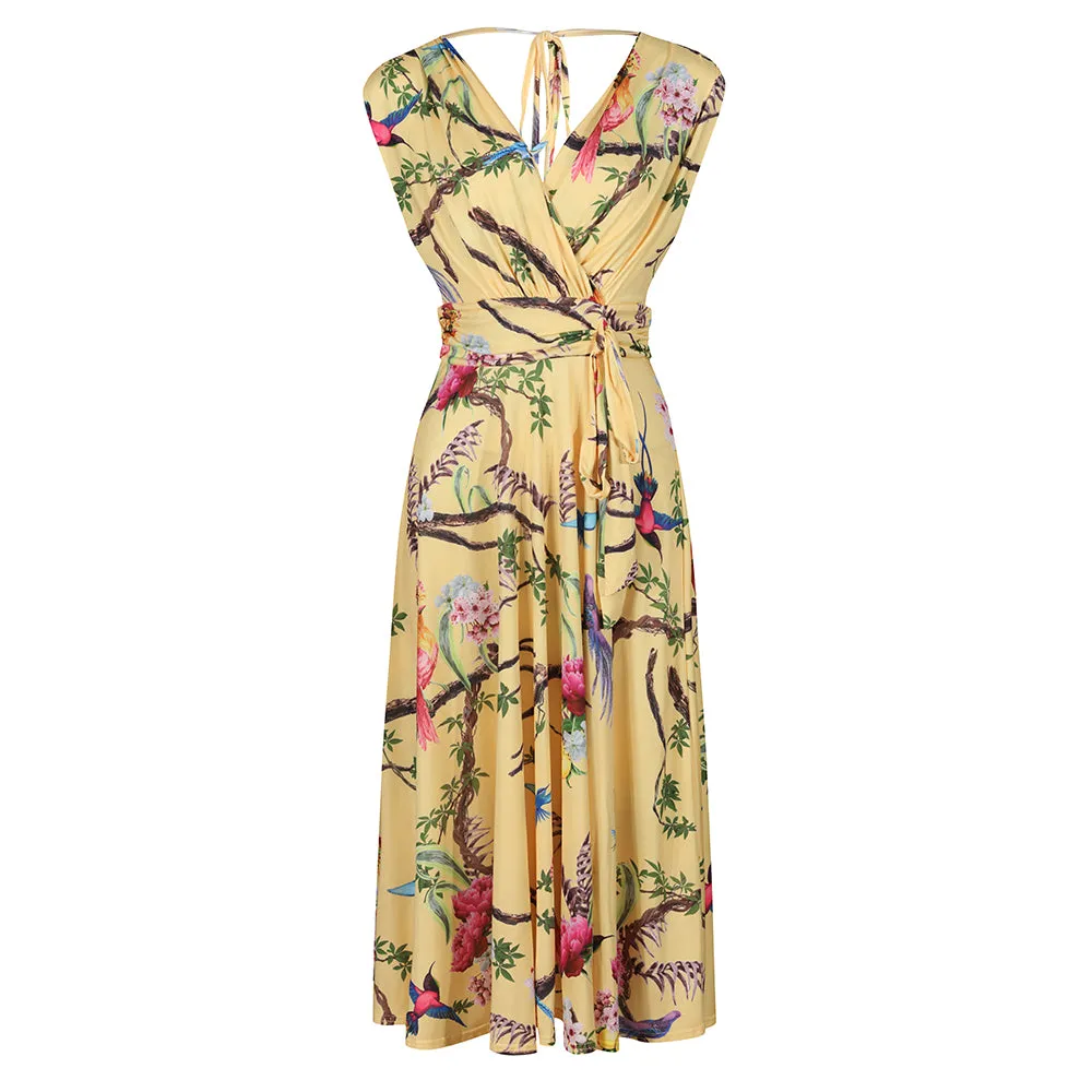 Yellow Tropical Bird Print V Neck Crossover Top Empire Waist Swing Dress