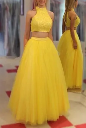 Yellow tulle two pieces O-neck A-line long prom dress graduation