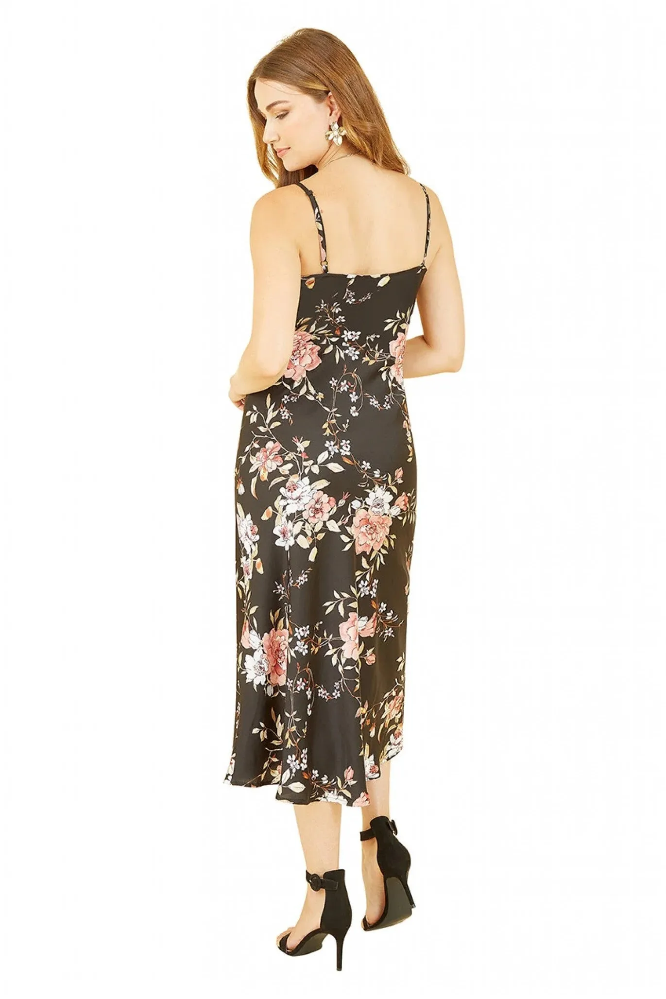 Yumi Black Satin Floral Cowl Neck Slip Dress